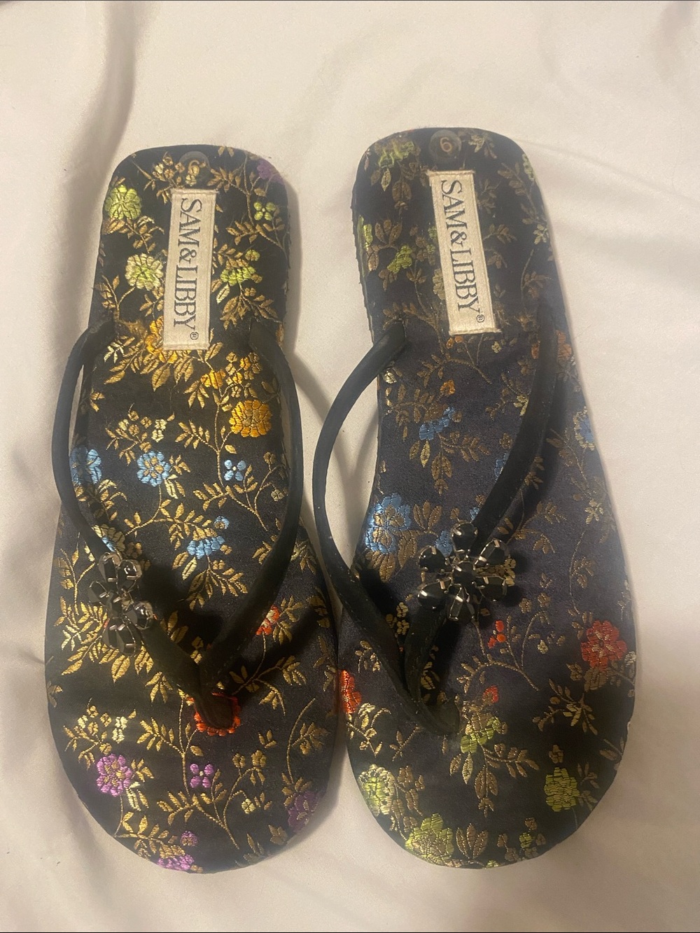 Sam & Libby Black Floral Embroidered Sandal Flip Flops with Jewel Accents